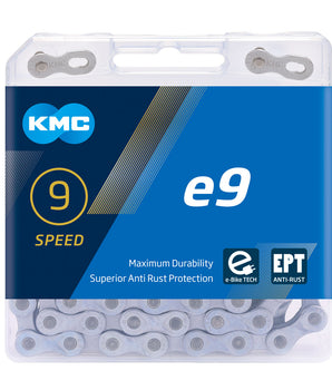 A photo of the KMC e9 9 speed chain for ebikes, with EPT superior anti-rust protection and maximum durability.