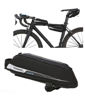 A photo of the Roswheel Race Cargo bag, showing it attached to three different positions on a road bike - the top tube near the handlebars, underneath the top tube near the seat, and underneath the seat itself